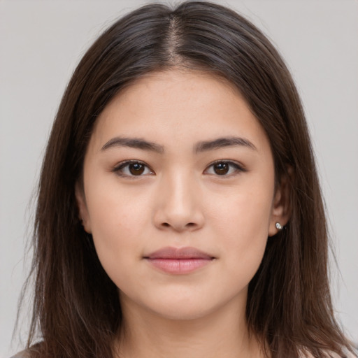 Neutral white young-adult female with long  brown hair and brown eyes