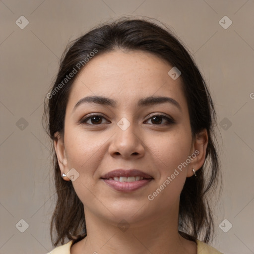 Joyful white young-adult female with medium  brown hair and brown eyes