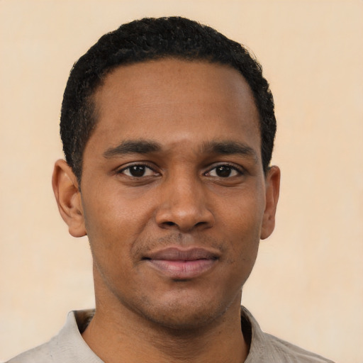 Neutral black young-adult male with short  black hair and brown eyes