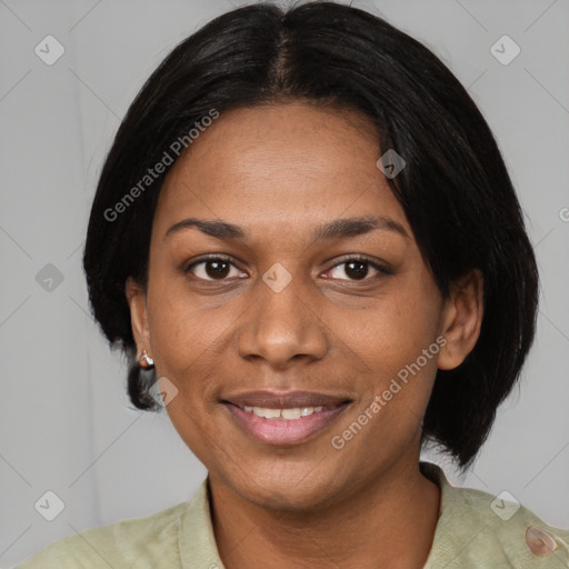 Joyful black young-adult female with medium  black hair and brown eyes