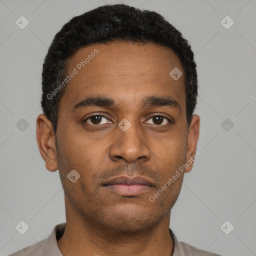 Neutral latino young-adult male with short  black hair and brown eyes