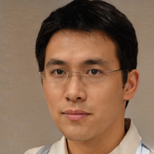 Neutral asian young-adult male with short  black hair and brown eyes