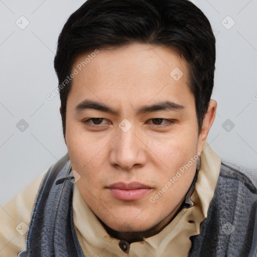 Neutral asian young-adult male with short  brown hair and brown eyes