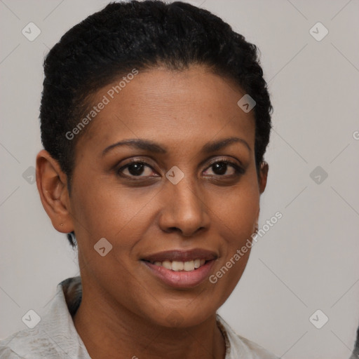 Joyful latino young-adult female with short  brown hair and brown eyes