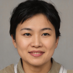 Joyful asian young-adult female with short  brown hair and brown eyes