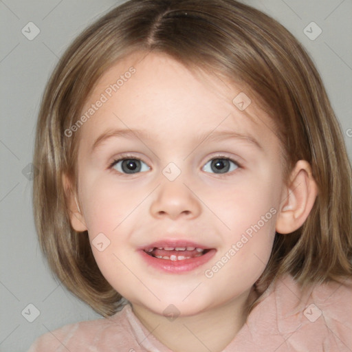 Joyful white child female with medium  brown hair and brown eyes