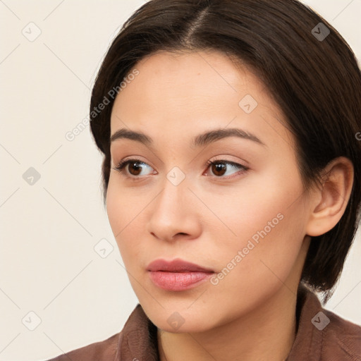 Neutral white young-adult female with medium  brown hair and brown eyes