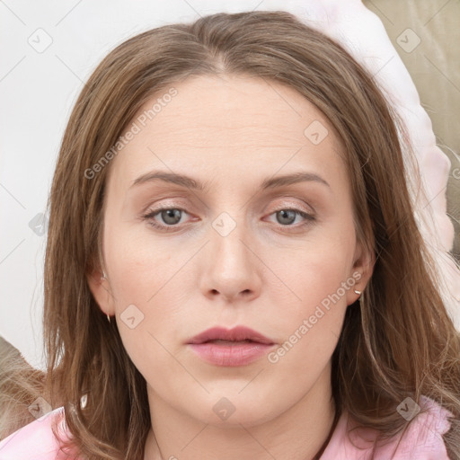 Neutral white young-adult female with medium  brown hair and grey eyes