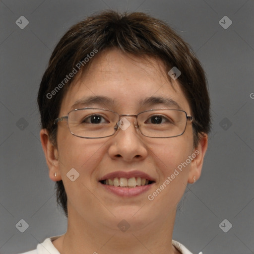 Joyful white adult female with short  brown hair and brown eyes