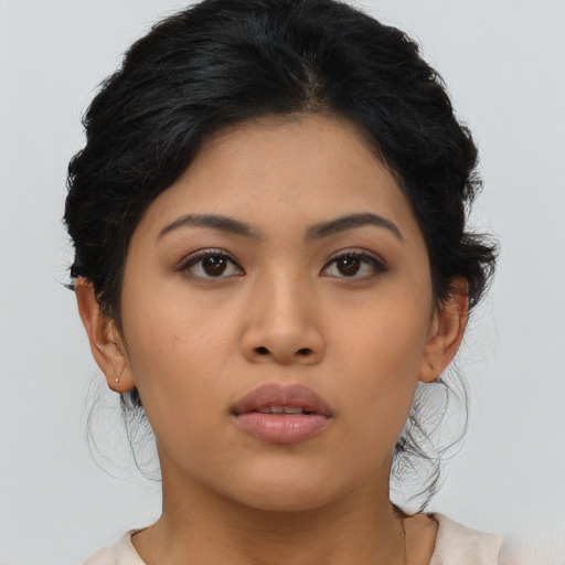 Neutral asian young-adult female with long  black hair and brown eyes