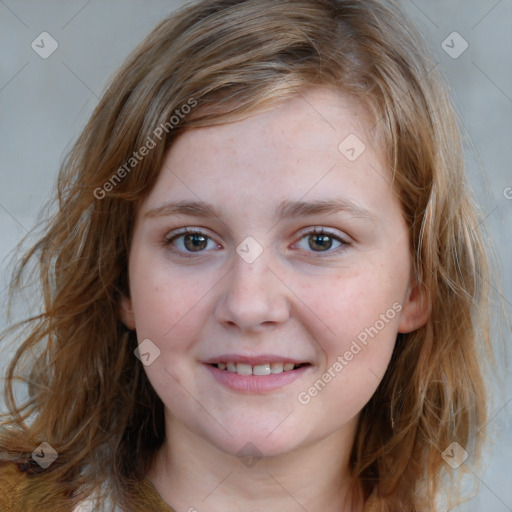 Joyful white young-adult female with medium  brown hair and blue eyes