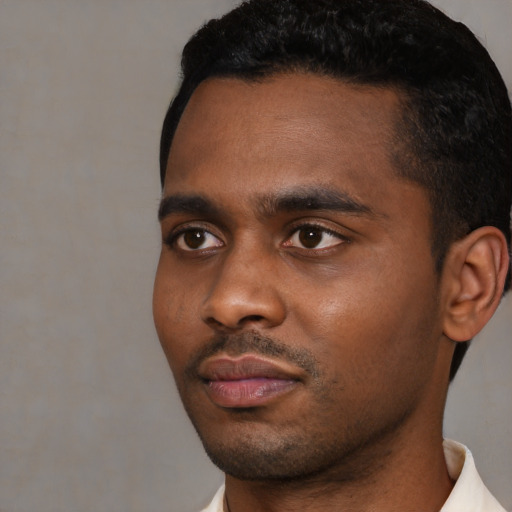 Neutral black young-adult male with short  black hair and brown eyes