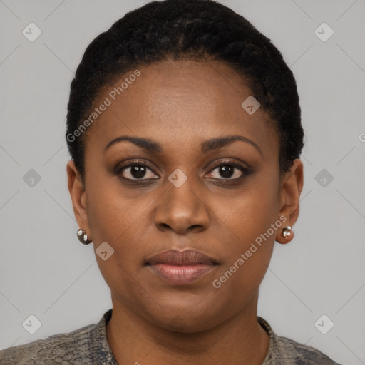 Neutral black young-adult female with short  black hair and brown eyes