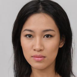 Neutral asian young-adult female with long  black hair and brown eyes