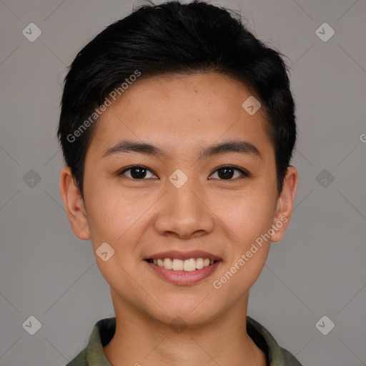 Joyful asian young-adult female with short  black hair and brown eyes