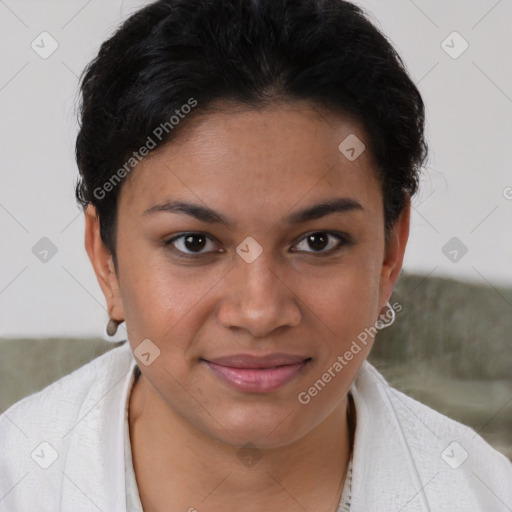 Joyful latino young-adult female with short  brown hair and brown eyes