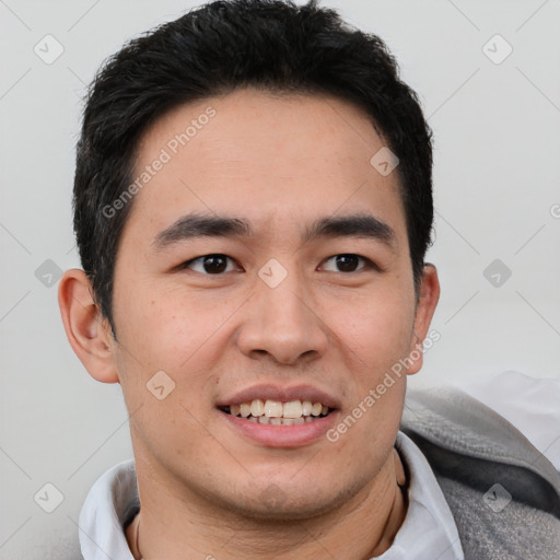 Joyful white young-adult male with short  black hair and brown eyes