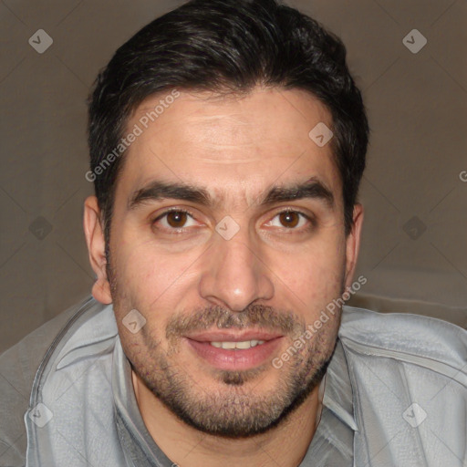 Joyful white adult male with short  brown hair and brown eyes