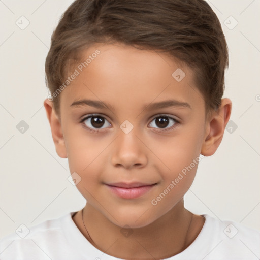 Joyful white child female with short  brown hair and brown eyes