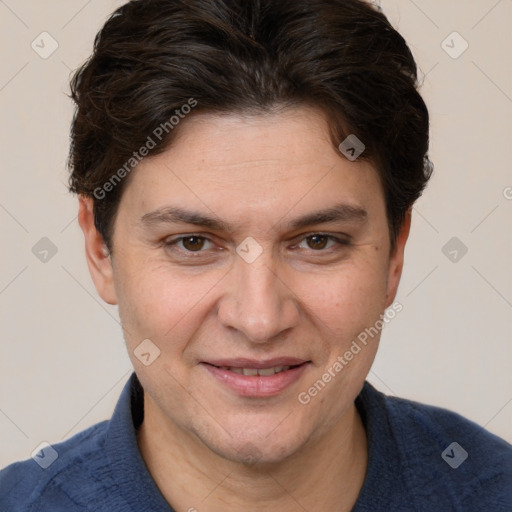 Joyful white adult female with short  brown hair and brown eyes