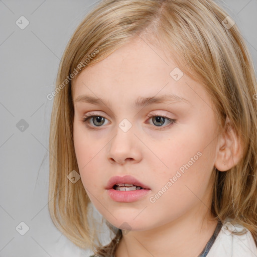 Neutral white child female with long  brown hair and blue eyes