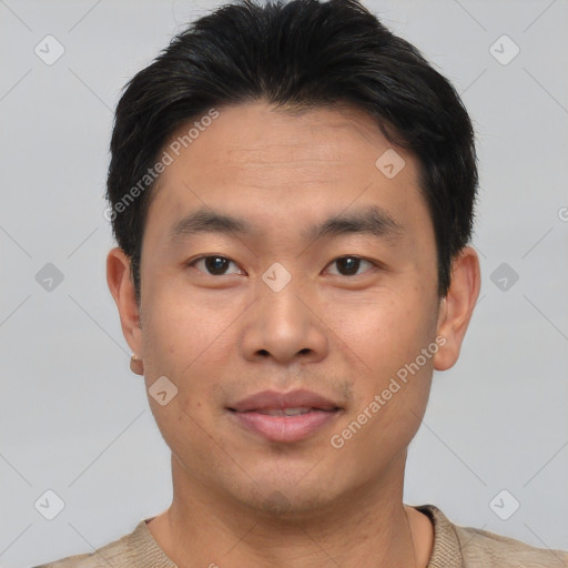 Neutral asian young-adult male with short  brown hair and brown eyes