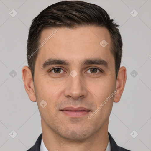 Joyful white young-adult male with short  brown hair and brown eyes