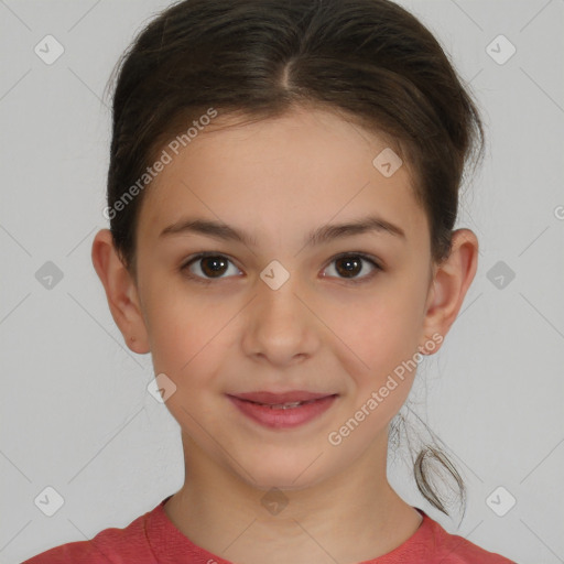 Joyful white child female with medium  brown hair and brown eyes