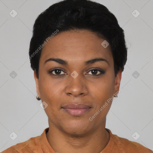 Joyful black young-adult female with short  black hair and brown eyes