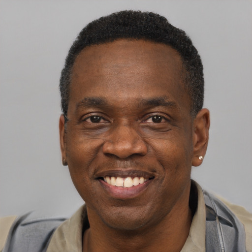 Joyful latino adult male with short  black hair and brown eyes