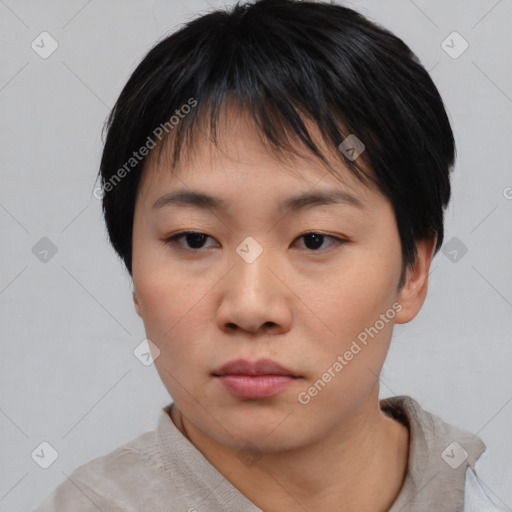 Neutral asian young-adult female with short  black hair and brown eyes