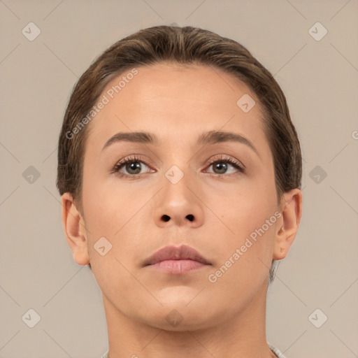 Neutral white young-adult female with short  brown hair and brown eyes