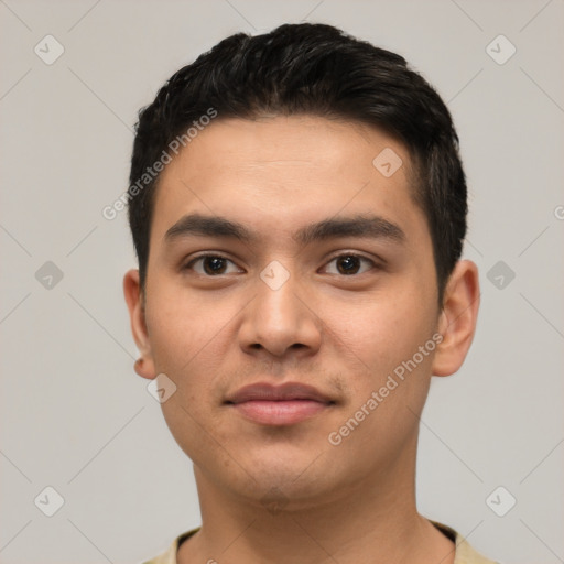 Neutral latino young-adult male with short  black hair and brown eyes