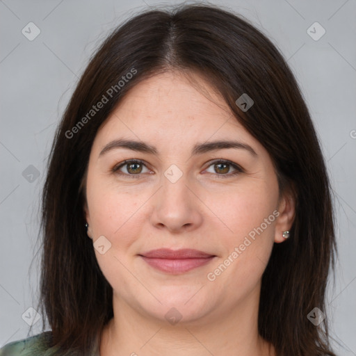 Joyful white young-adult female with medium  brown hair and brown eyes