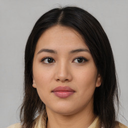 Neutral asian young-adult female with long  brown hair and brown eyes