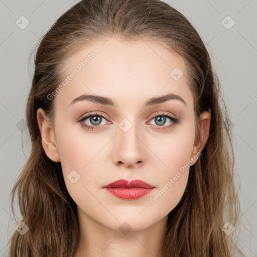 Neutral white young-adult female with long  brown hair and grey eyes