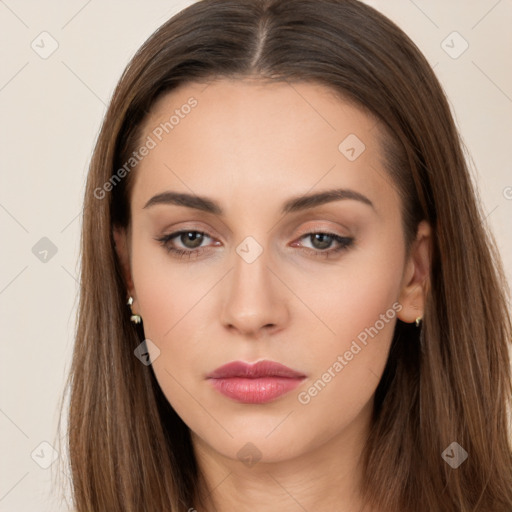 Neutral white young-adult female with long  brown hair and brown eyes