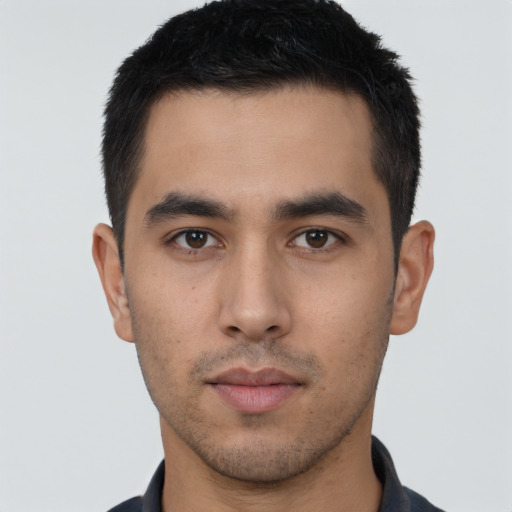 Neutral asian young-adult male with short  black hair and brown eyes