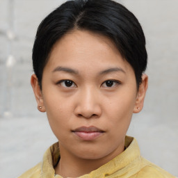 Neutral asian young-adult female with short  brown hair and brown eyes