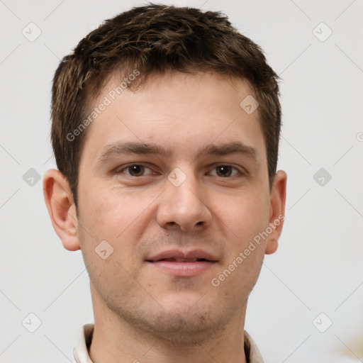 Neutral white young-adult male with short  brown hair and brown eyes