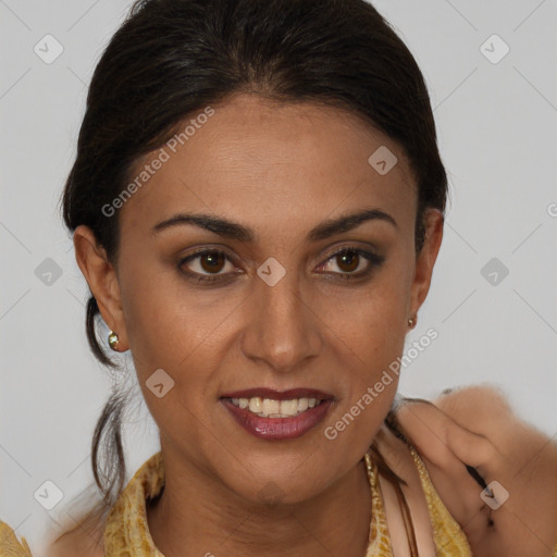 Joyful latino young-adult female with medium  brown hair and brown eyes