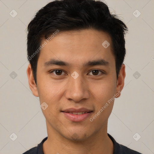 Joyful white young-adult male with short  black hair and brown eyes