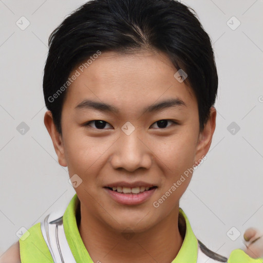 Joyful asian young-adult female with short  brown hair and brown eyes