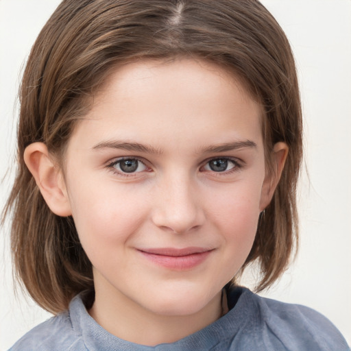 Joyful white child female with medium  brown hair and grey eyes