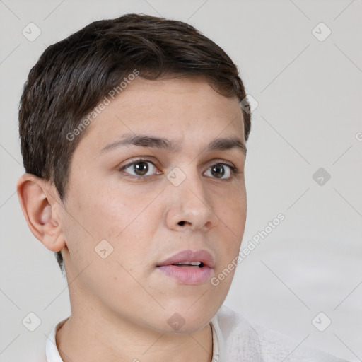 Neutral white young-adult male with short  brown hair and brown eyes