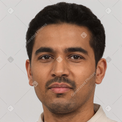 Neutral latino young-adult male with short  black hair and brown eyes