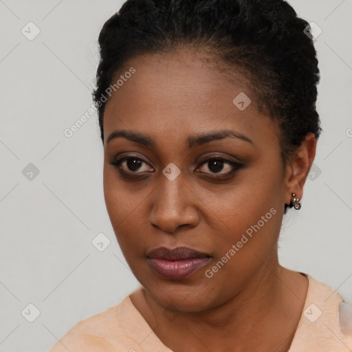 Neutral black young-adult female with short  black hair and brown eyes