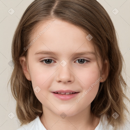 Joyful white child female with medium  brown hair and brown eyes