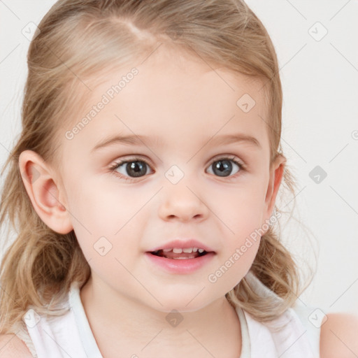 Joyful white child female with medium  brown hair and blue eyes