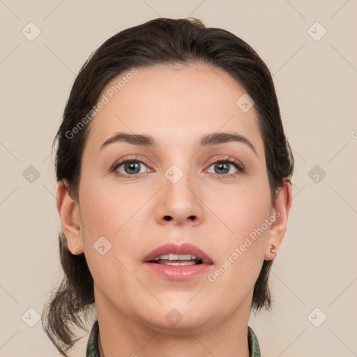 Neutral white young-adult female with medium  brown hair and brown eyes